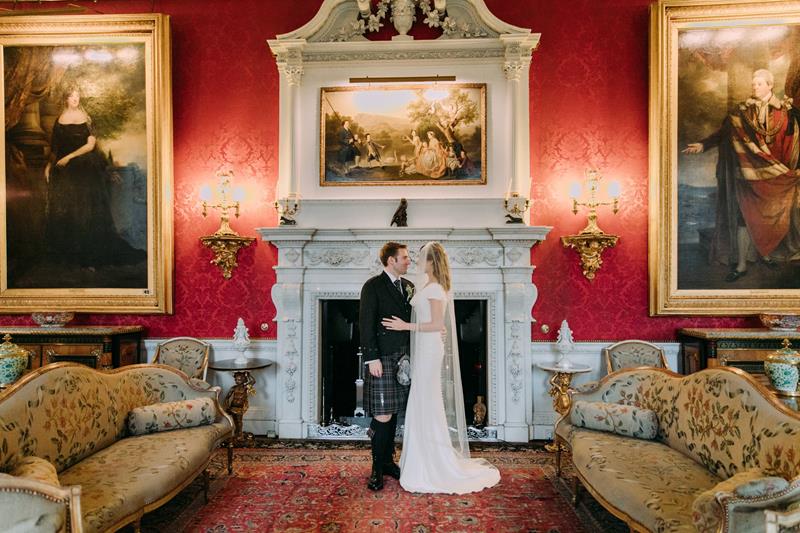 Wedding Couple in front of fireplace Blair Castle