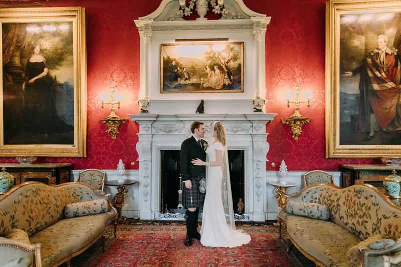 Wedding Couple in front of fireplace Blair Castle