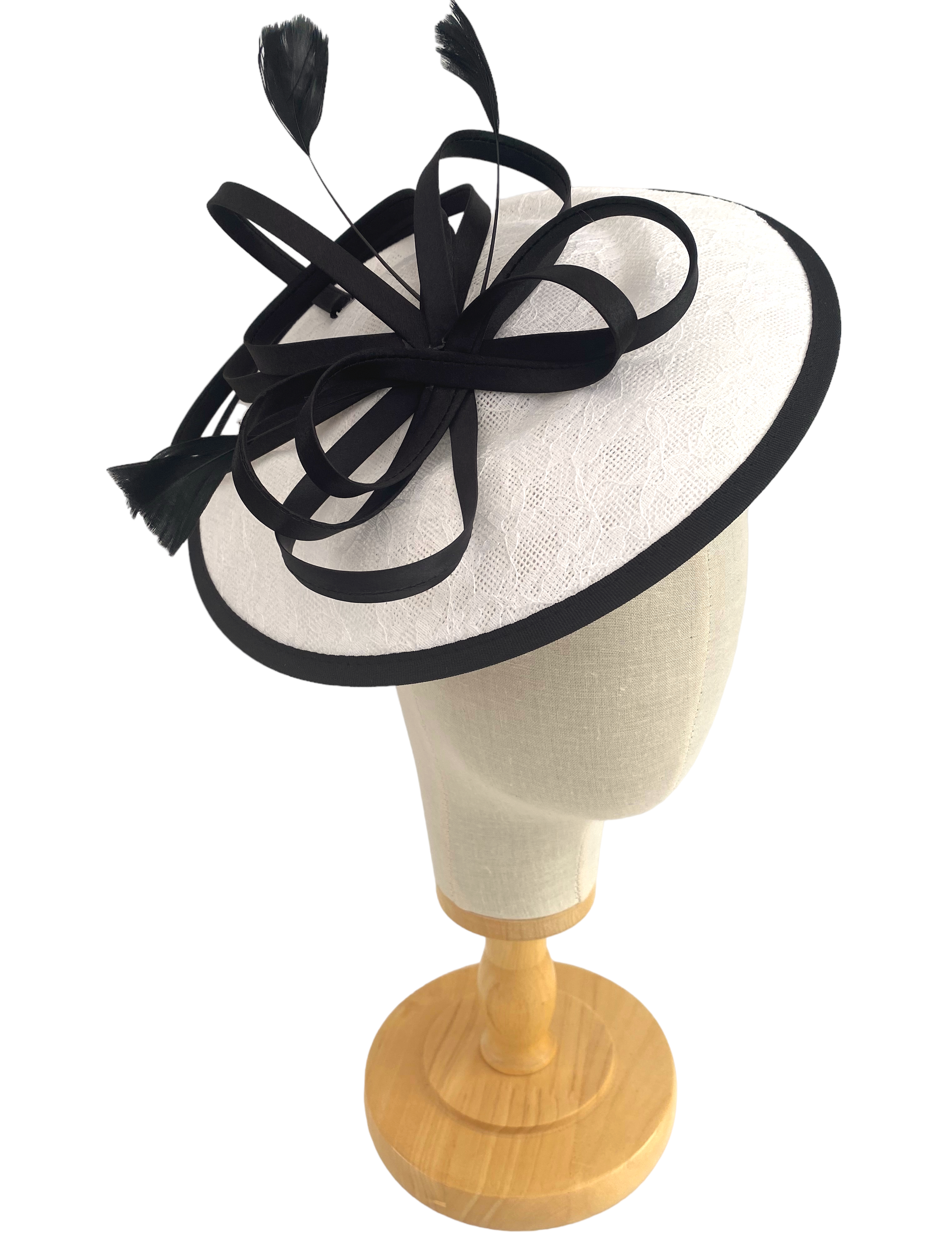 White and Black Round Lace Fascinator With Satin Loops