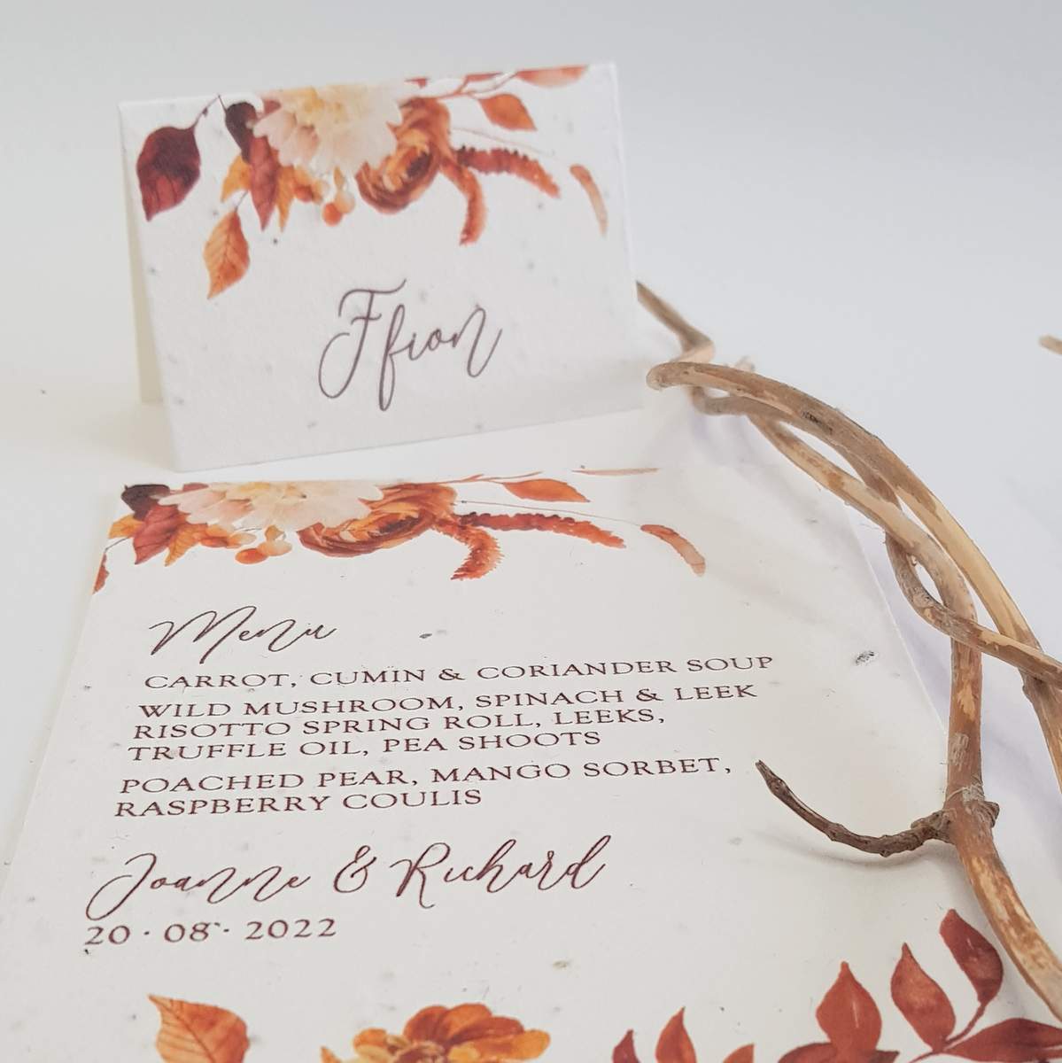 autumn theme plantable seed paper place card and menu