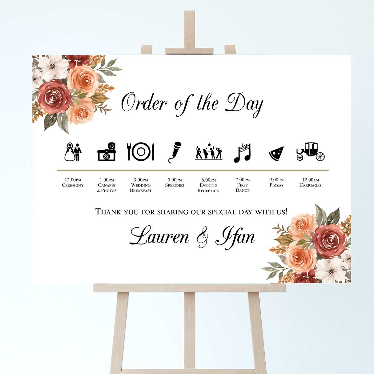 autumnal wedding order of the day sign