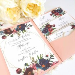 burgundy and blush pink floral pocketfold wedding invitation 260x260