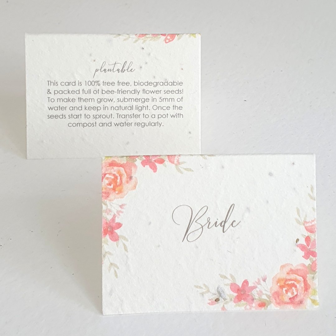 coral flowers place card on seedpaper with planting instructions