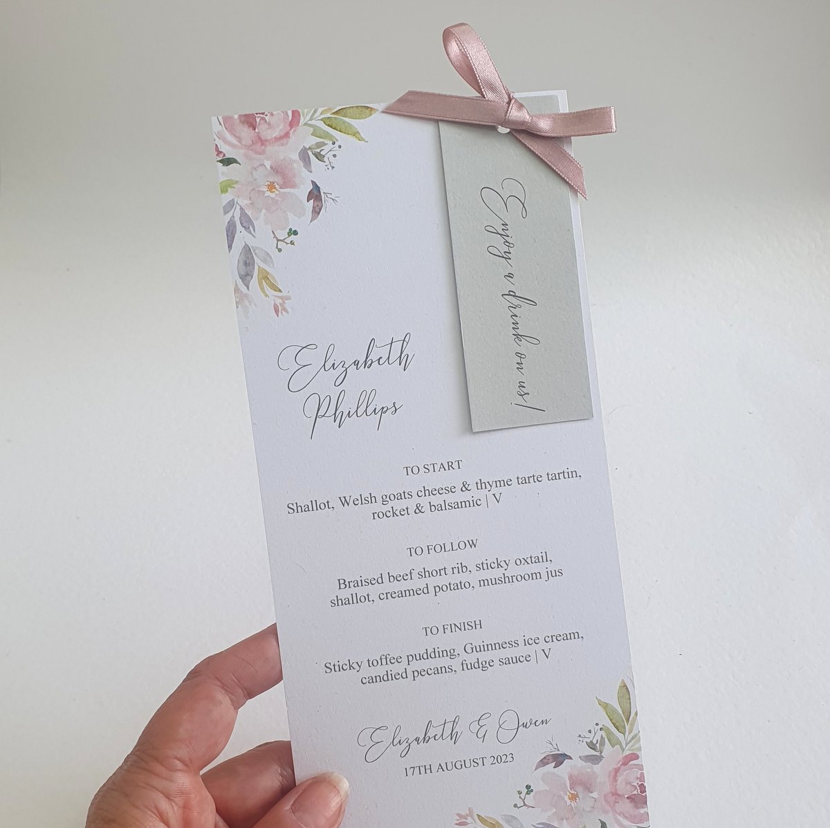 mauve floral personalised wedding menu with name tag