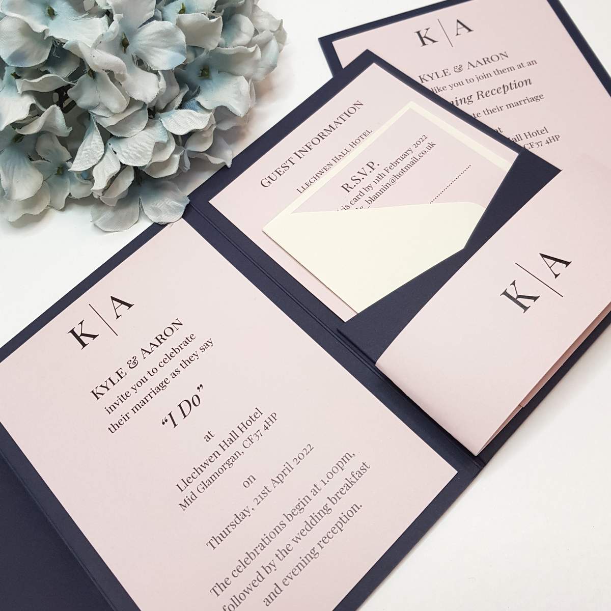 modern monogram navy and blush pocketfold wedding invitations