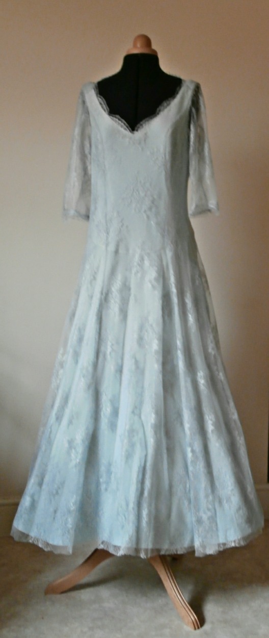 Pale blue silk lace and silk crepe wedding dress