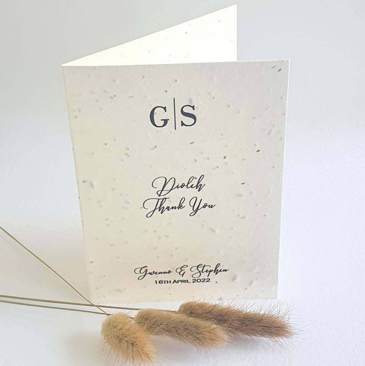 seed paper wedding thank you card with modern monogram desgin