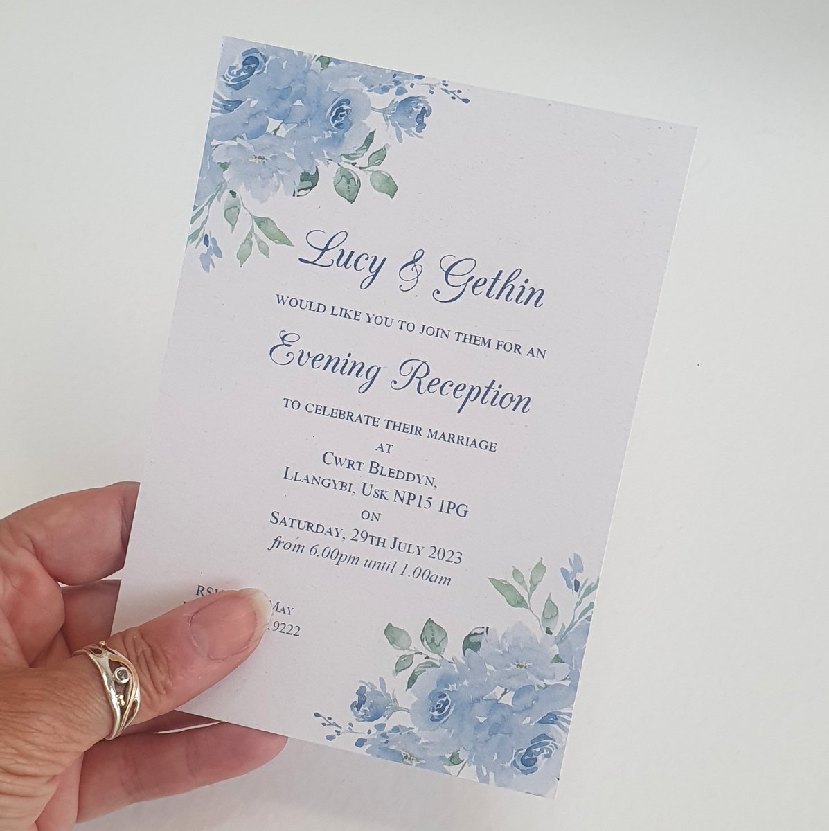 sky blue floral wedding evening reception invitation