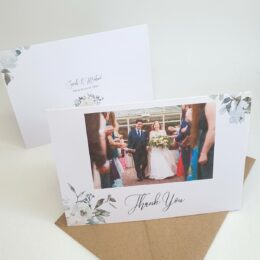 wedding thank you card with photgraph white and green floral 260x260