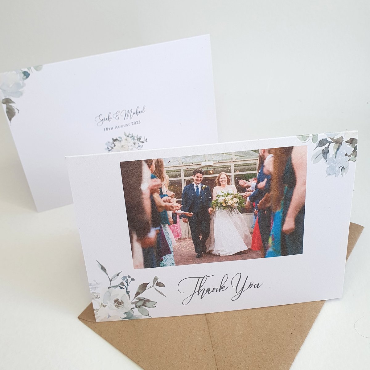 wedding thank you card with photgraph white and green floral