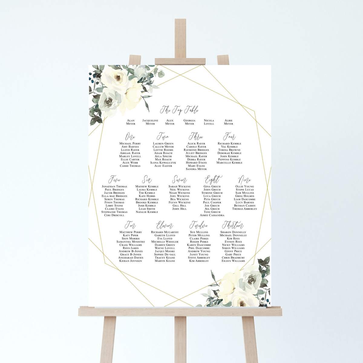 white and green floral geometric table plan