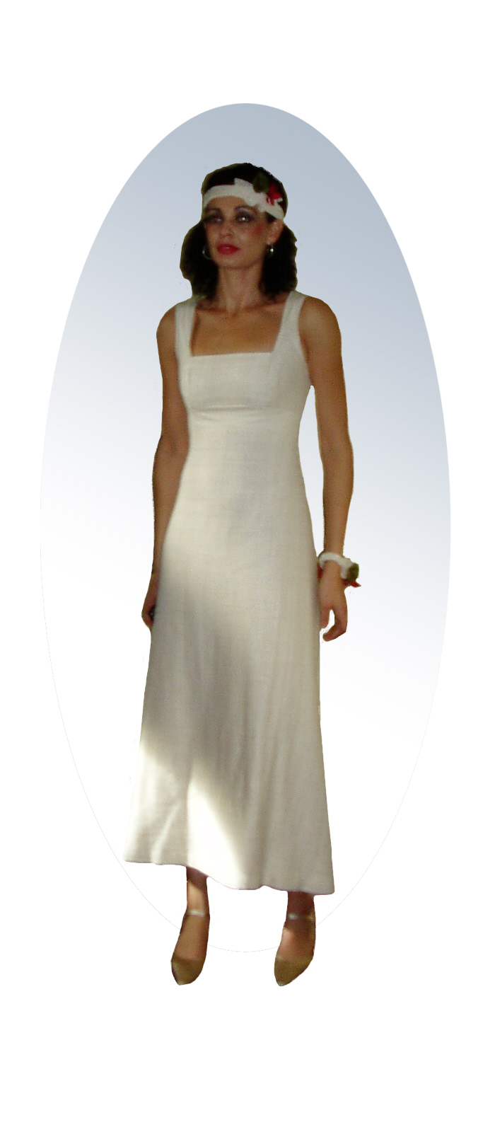 front of Eri silk wedding dress designed and made by Anne Fontenoy