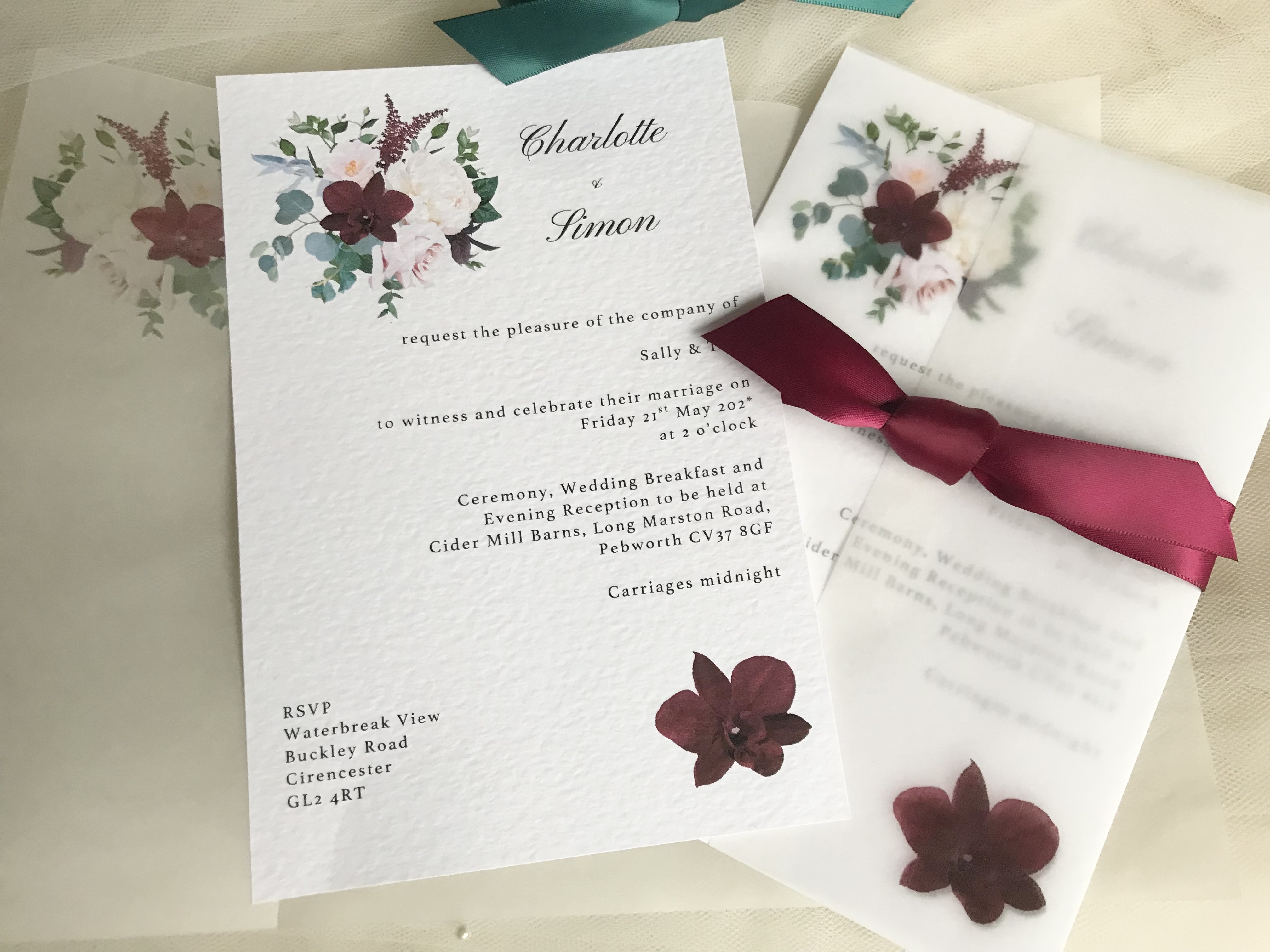 Burgundy Floral Vellum Cover Wedding Invitation