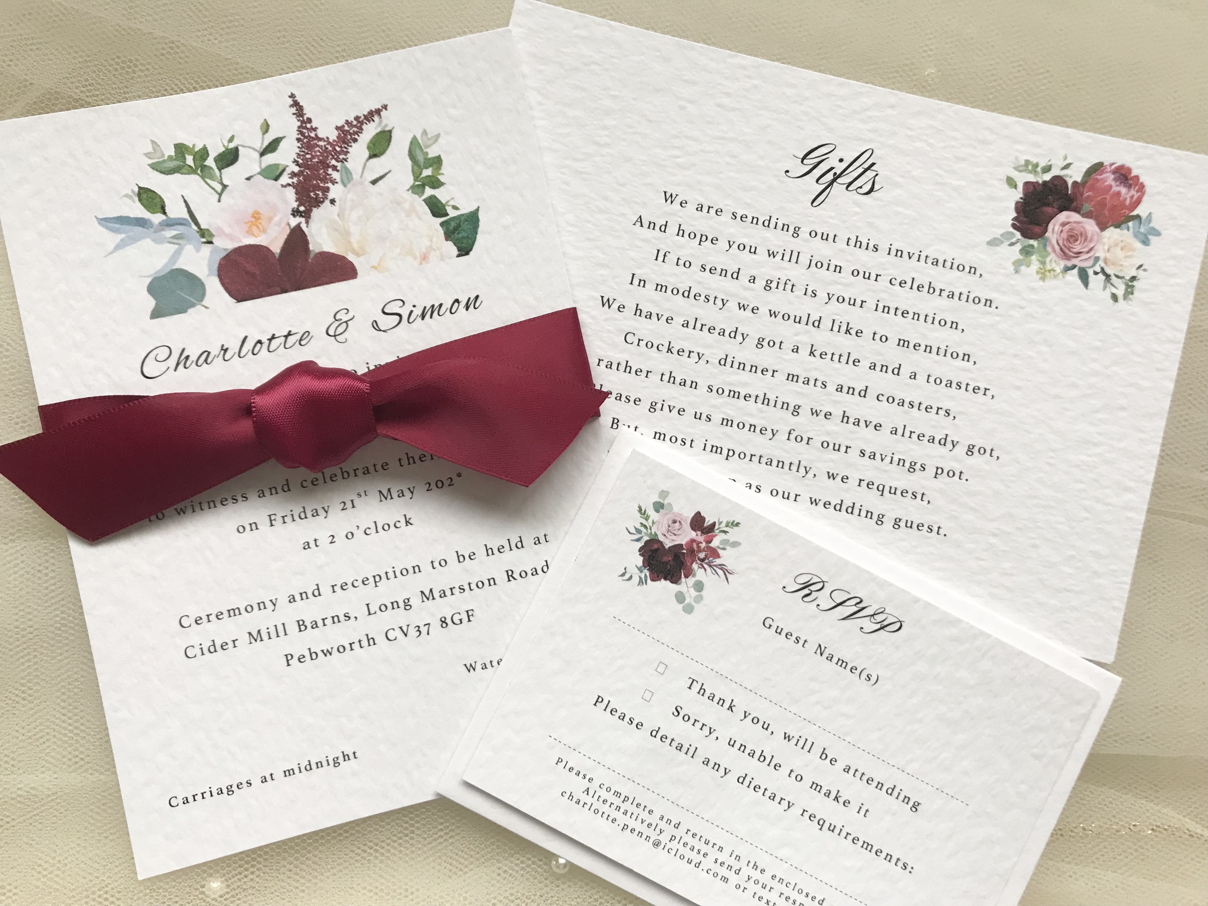 Burgundy Floral Wedding Invitation Bundle