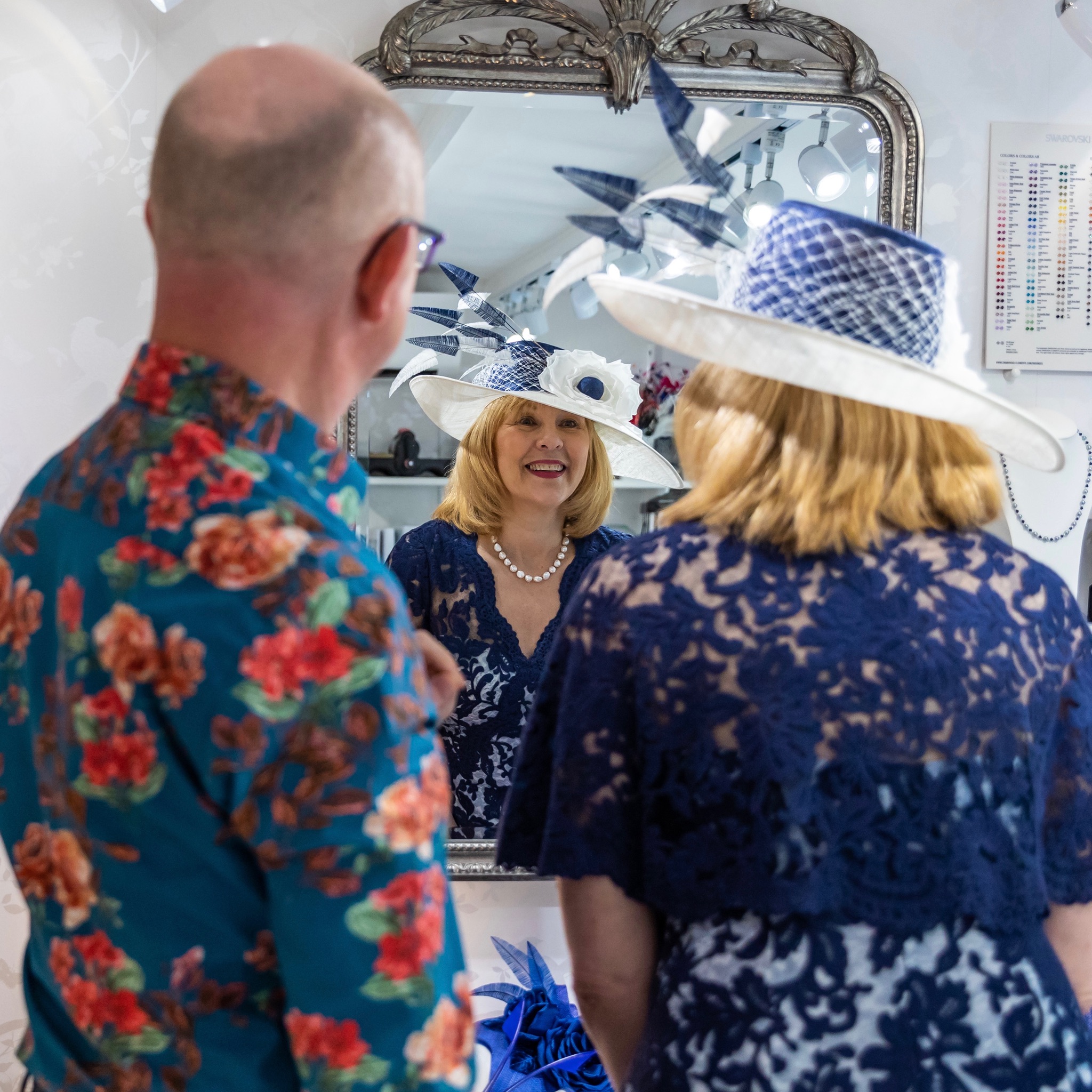 Mother of the Bride putting her final ensemble together in the mirror. Mother of the Bride putting her final ensemble together in the mirror.
