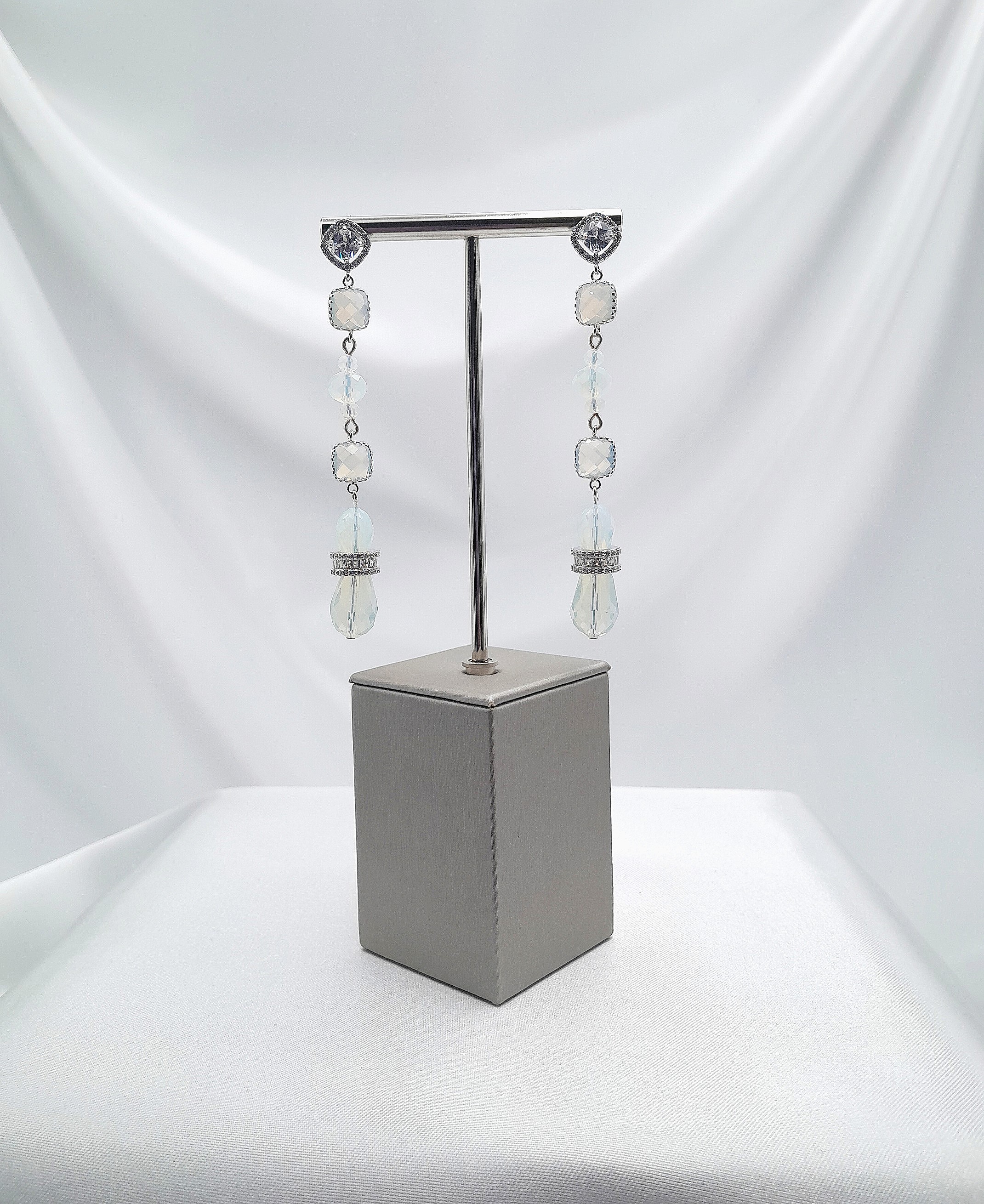 White Opal Crystal Three-Tier Drop Earrings
