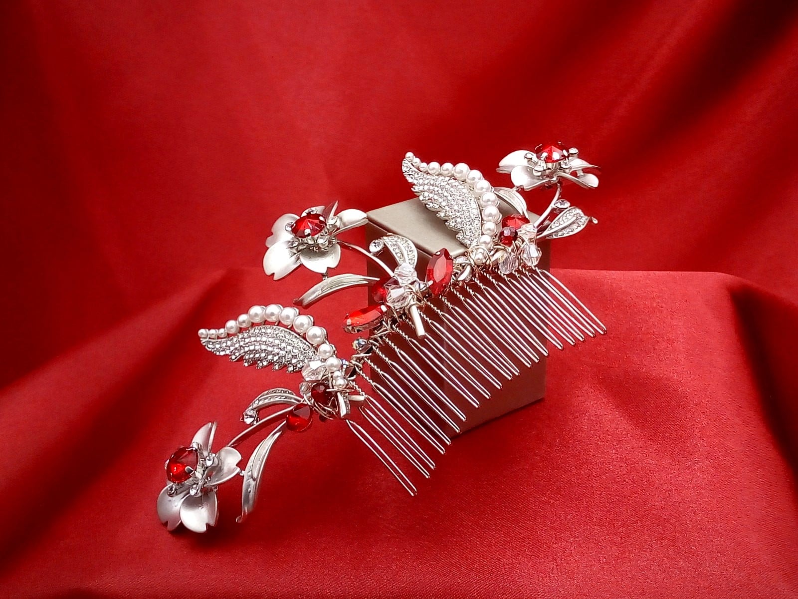 Siam Red Crystal Flower Wedding Hair Comb
